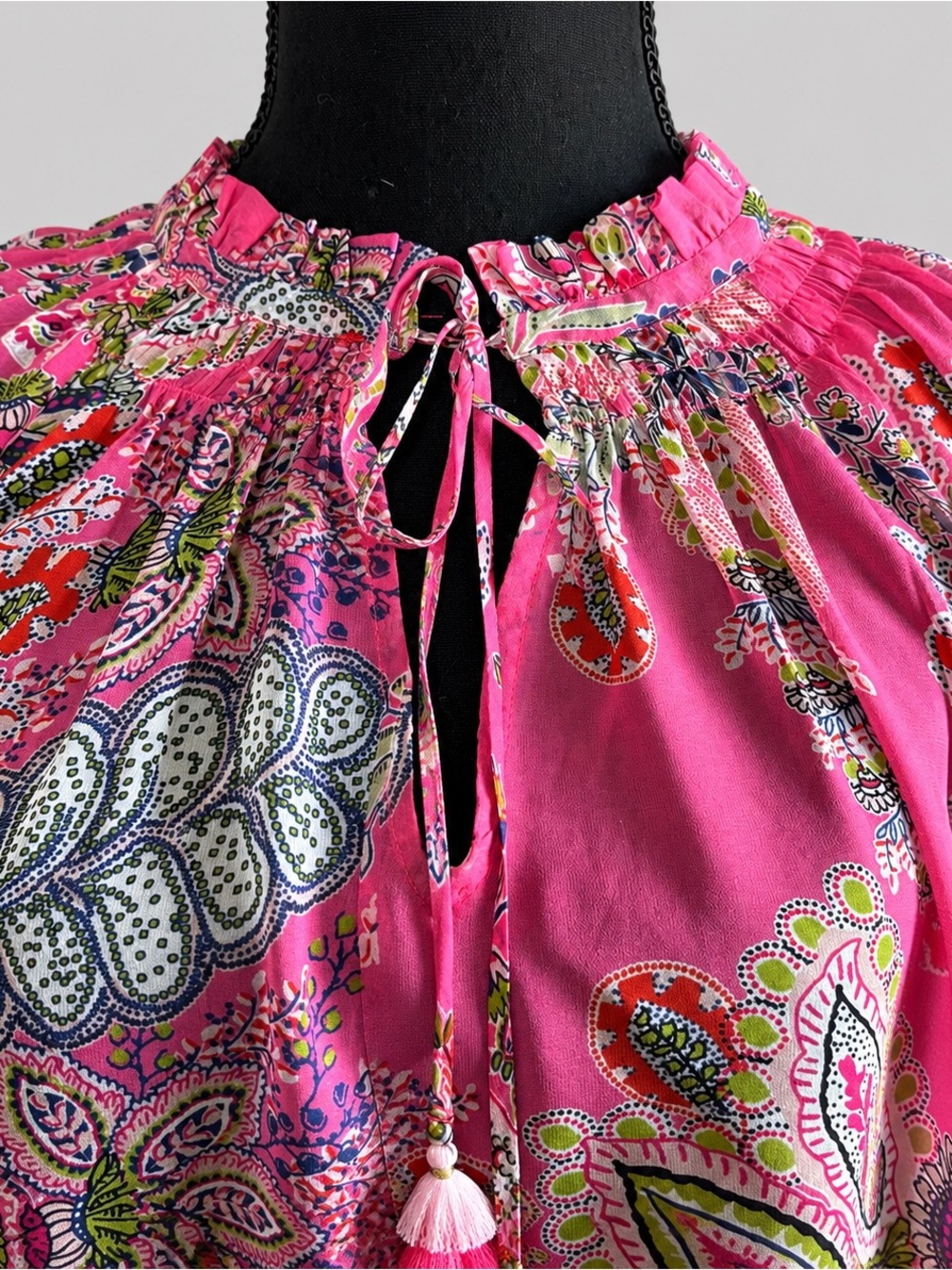 Hale Bob 100% Silk Pink Paisley Tassel Peasant Blouse Top Size Small Boho Luxury - Picture 6 of 11
